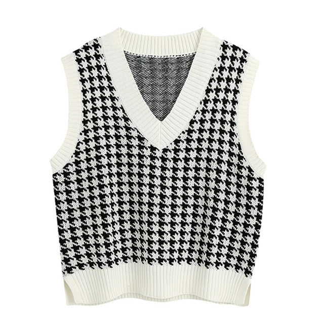 KPYTOMOA Women 2020 Fashion Oversized Houndstooth Knitted Vest Sweater Vintage Sleeveless Side Vents Female Waistcoat Chic Tops