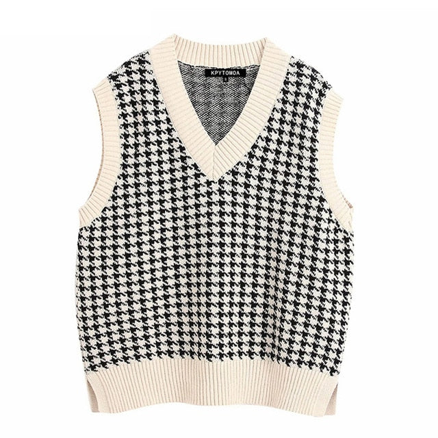 KPYTOMOA Women 2020 Fashion Oversized Houndstooth Knitted Vest Sweater Vintage Sleeveless Side Vents Female Waistcoat Chic Tops