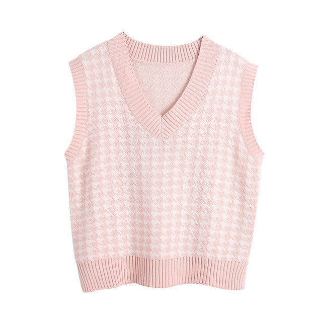 KPYTOMOA Women 2020 Fashion Oversized Houndstooth Knitted Vest Sweater Vintage Sleeveless Side Vents Female Waistcoat Chic Tops