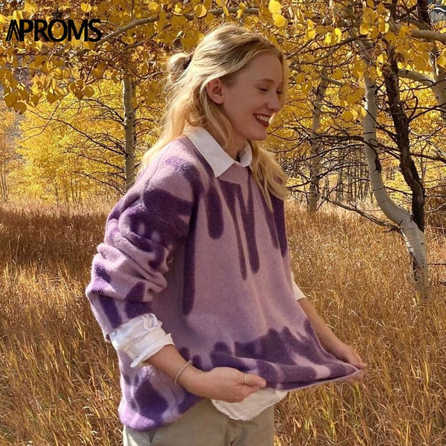 Aproms Elegant Green Striped Print Oversized Pullovers Women Winter O-Neck Loose Long Sweaters Streetwear Warm Outerwear 2020