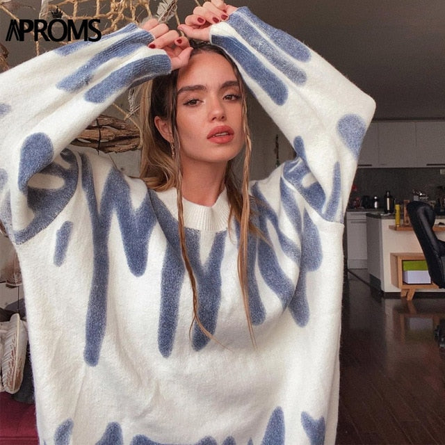 Aproms Elegant Green Striped Print Oversized Pullovers Women Winter O-Neck Loose Long Sweaters Streetwear Warm Outerwear 2020