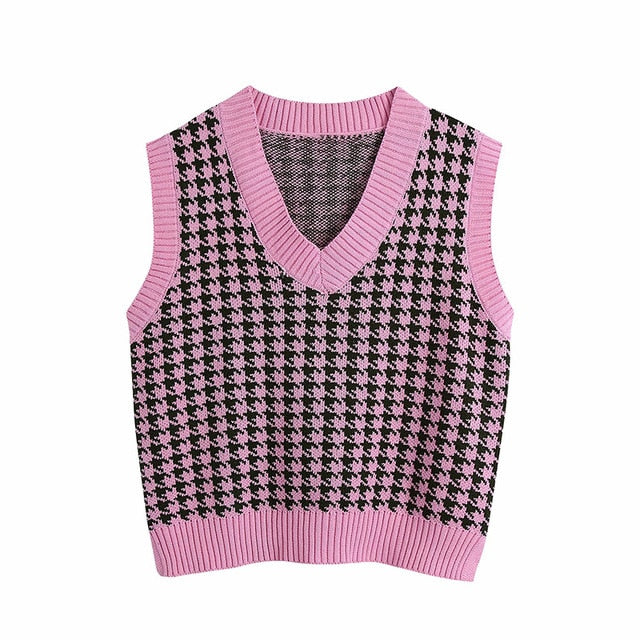 KPYTOMOA Women 2020 Fashion Oversized Houndstooth Knitted Vest Sweater Vintage Sleeveless Side Vents Female Waistcoat Chic Tops