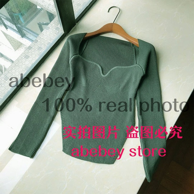 2021 new spring and summer fashion women clothes cashmere sqaure collar full sleeves elastic high waist sexy pullover WK080