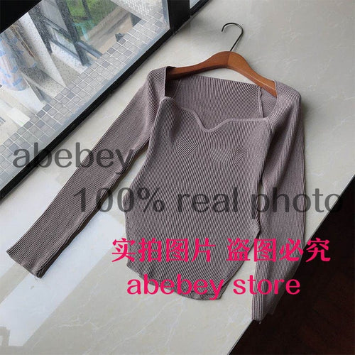 2021 new spring and summer fashion women clothes cashmere sqaure collar full sleeves elastic high waist sexy pullover WK080