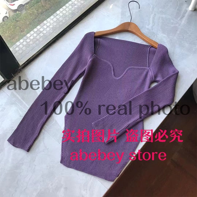 2021 new spring and summer fashion women clothes cashmere sqaure collar full sleeves elastic high waist sexy pullover WK080