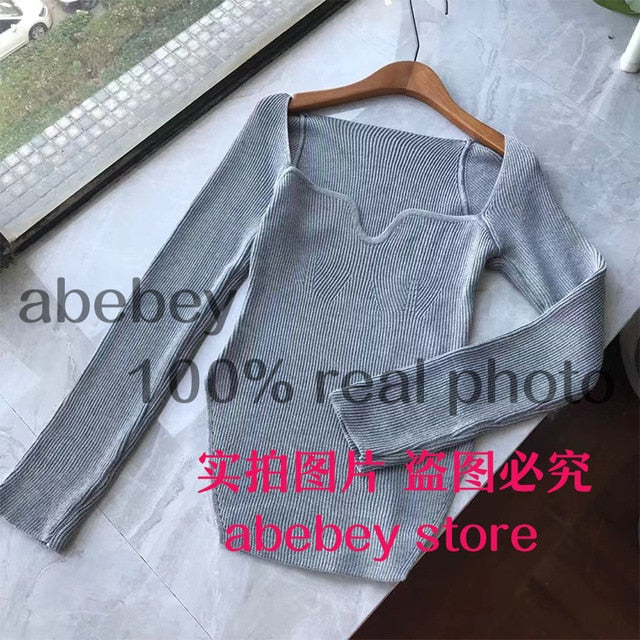 2021 new spring and summer fashion women clothes cashmere sqaure collar full sleeves elastic high waist sexy pullover WK080