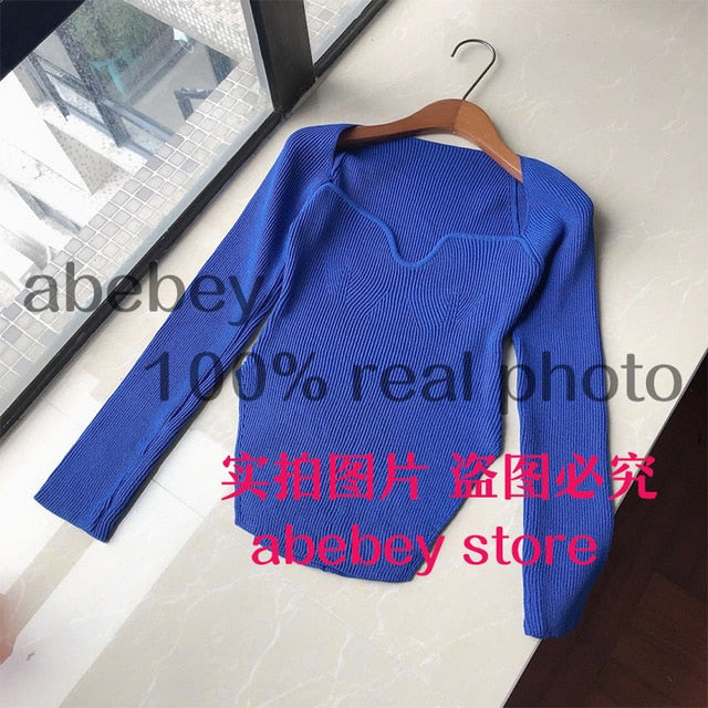 2021 new spring and summer fashion women clothes cashmere sqaure collar full sleeves elastic high waist sexy pullover WK080