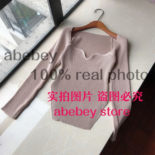 2021 new spring and summer fashion women clothes cashmere sqaure collar full sleeves elastic high waist sexy pullover WK080