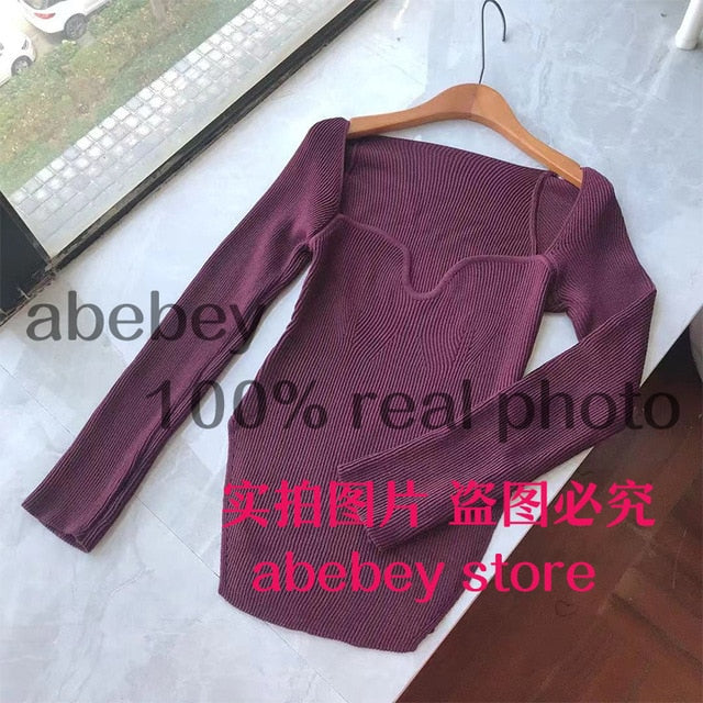 2021 new spring and summer fashion women clothes cashmere sqaure collar full sleeves elastic high waist sexy pullover WK080