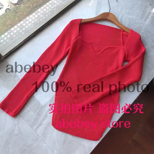 2021 new spring and summer fashion women clothes cashmere sqaure collar full sleeves elastic high waist sexy pullover WK080