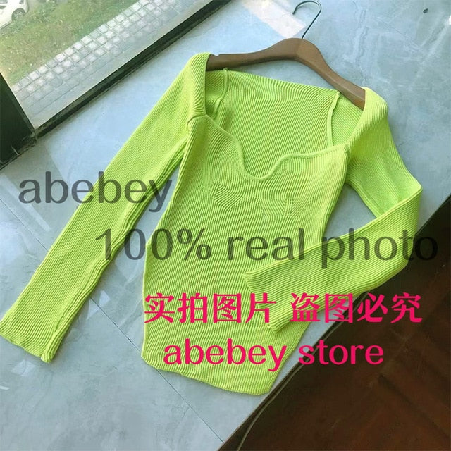 2021 new spring and summer fashion women clothes cashmere sqaure collar full sleeves elastic high waist sexy pullover WK080