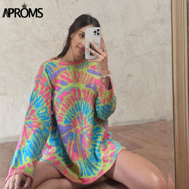 Aproms Elegant Green Striped Print Oversized Pullovers Women Winter O-Neck Loose Long Sweaters Streetwear Warm Outerwear 2020
